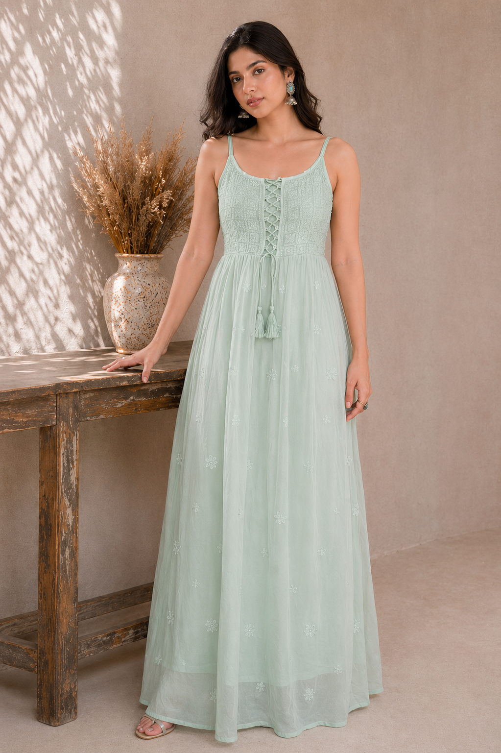 Green Chikankari Georgette Lace-Up Dress
