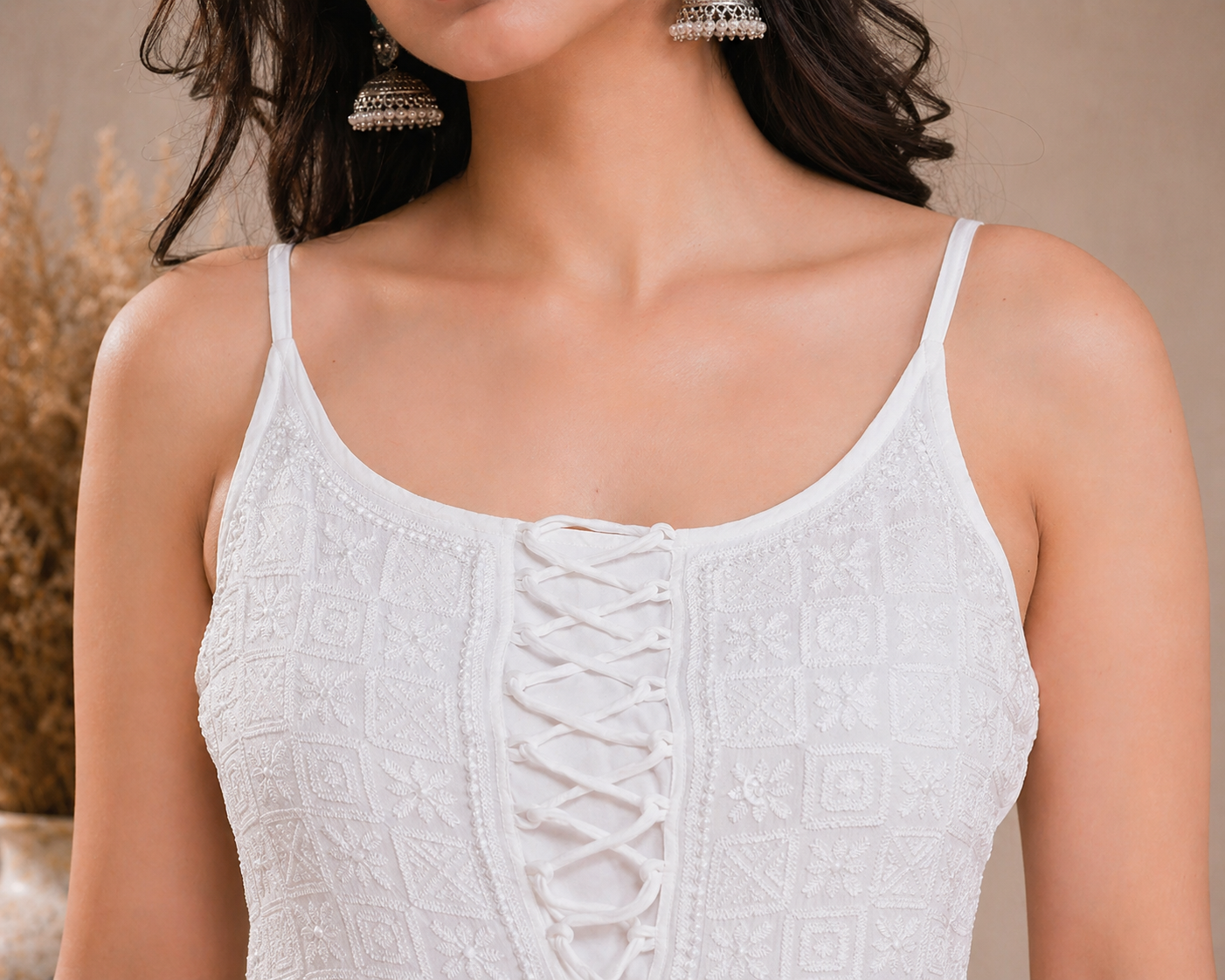 White Chikankari Georgette Lace-Up Dress