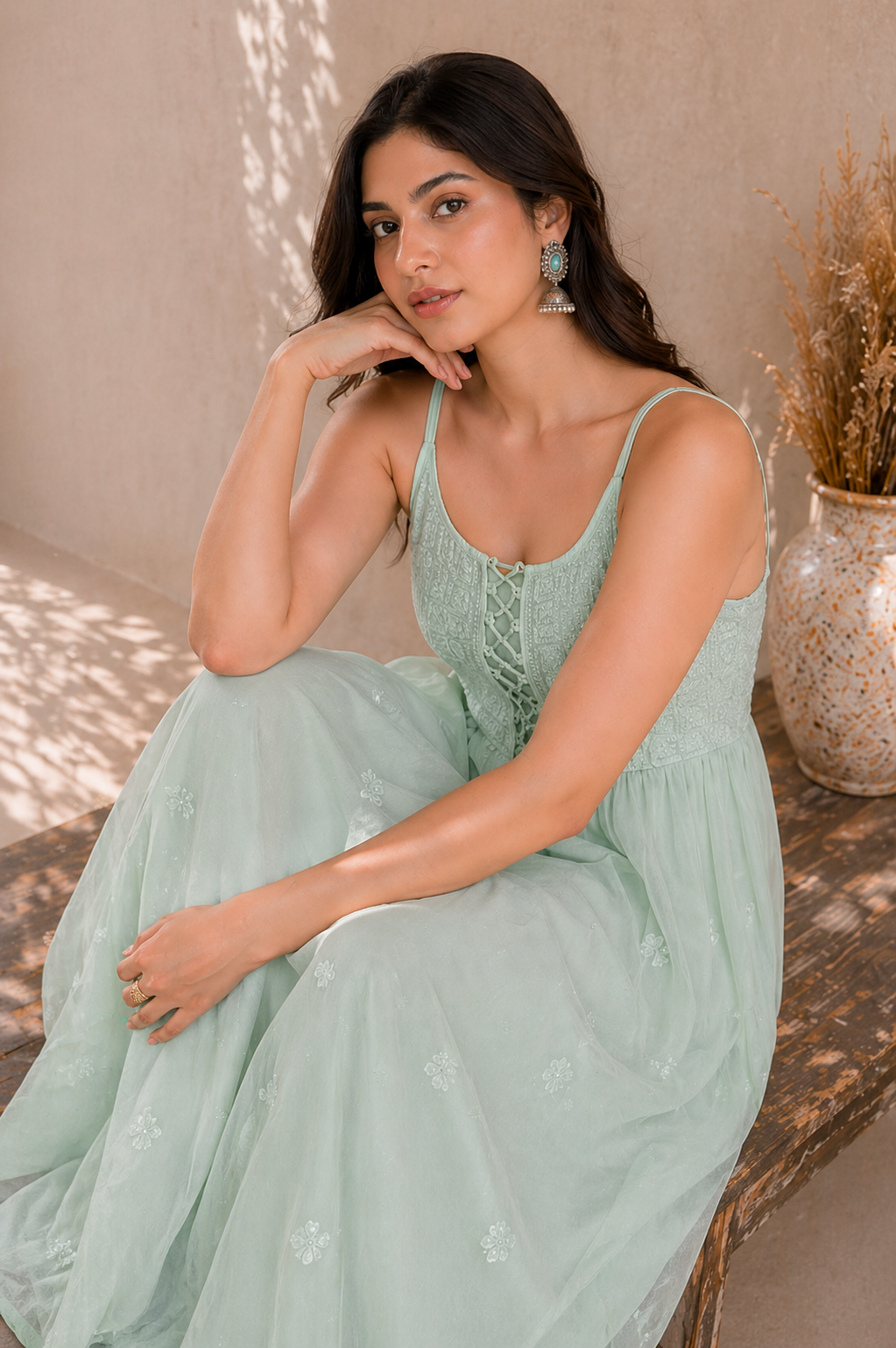 Green Chikankari Georgette Lace-Up Dress