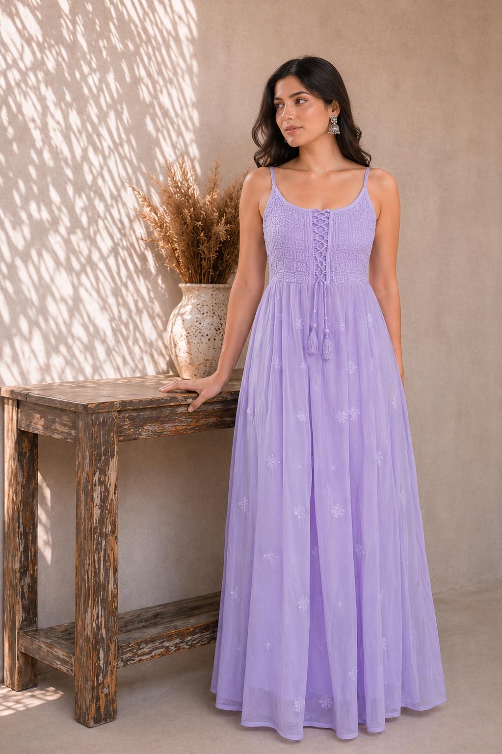 Purple Chikankari Georgette Lace-Up Dress