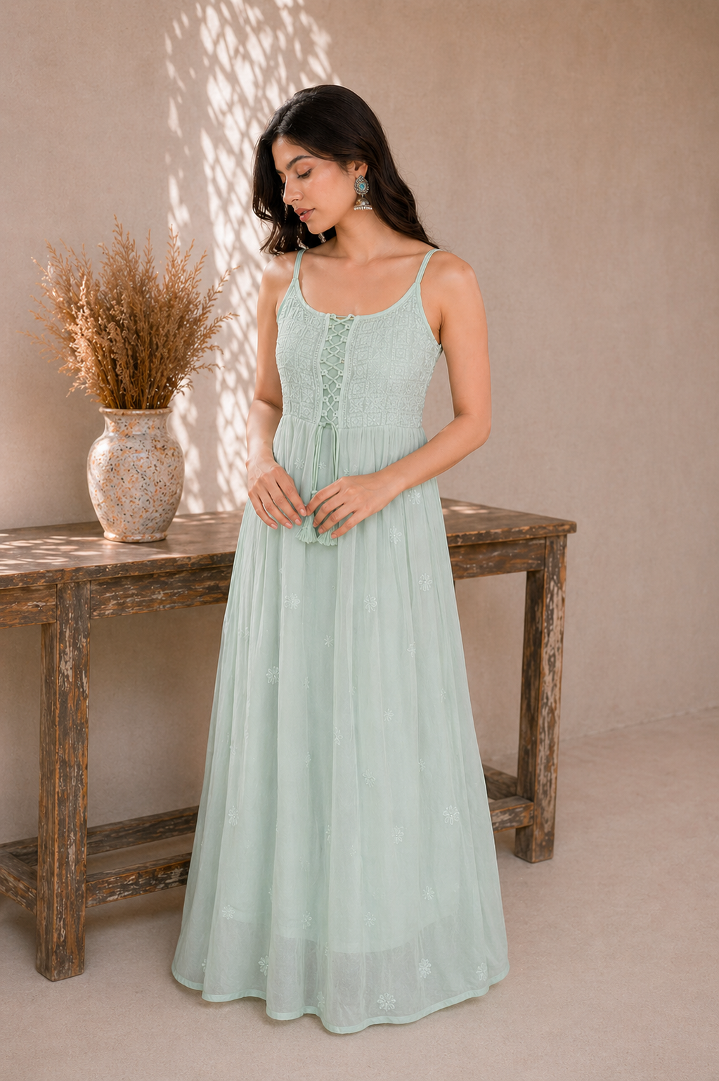 Green Chikankari Georgette Lace-Up Dress