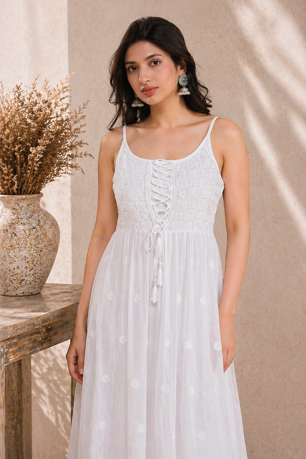 White Chikankari Georgette Lace-Up Dress
