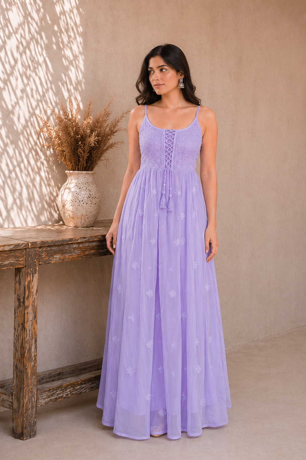 Purple Chikankari Georgette Lace-Up Dress