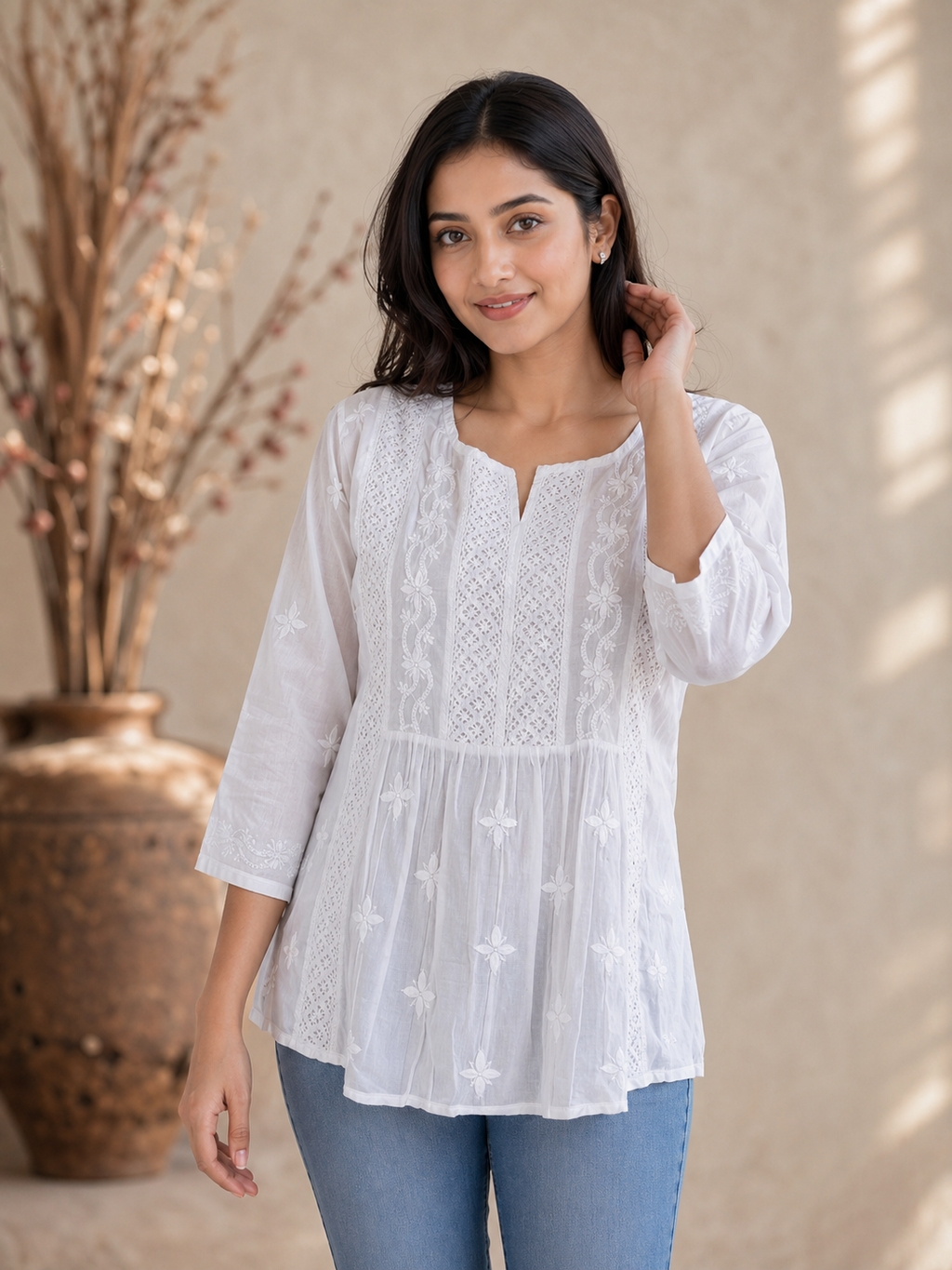 White Mulmul Lace Chikankari Top