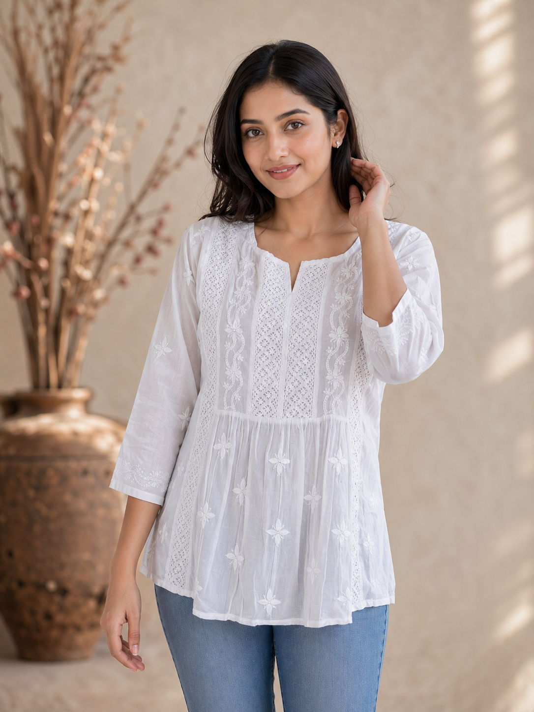 White Mulmul Lace Chikankari Top