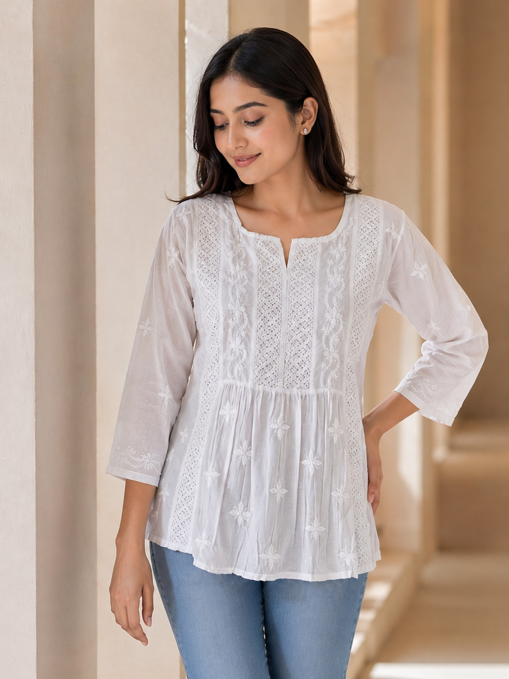 White Mulmul Lace Chikankari Top