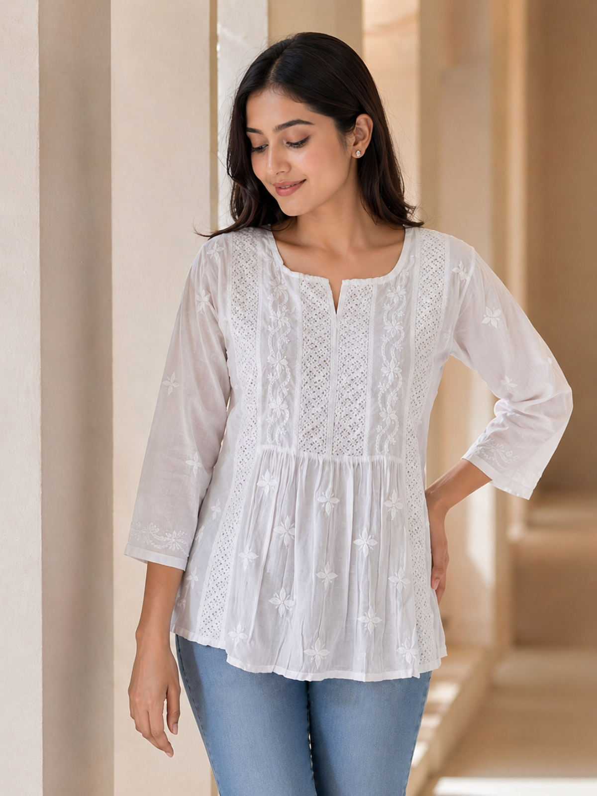 White Mulmul Lace Chikankari Top