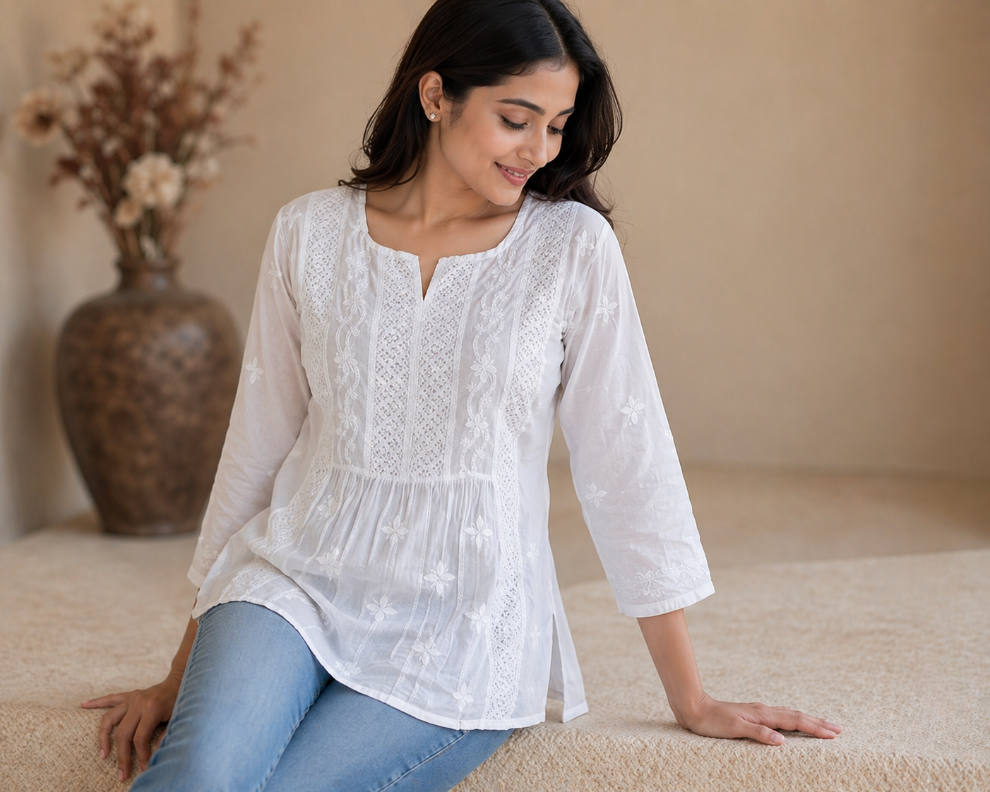 White Mulmul Lace Chikankari Top