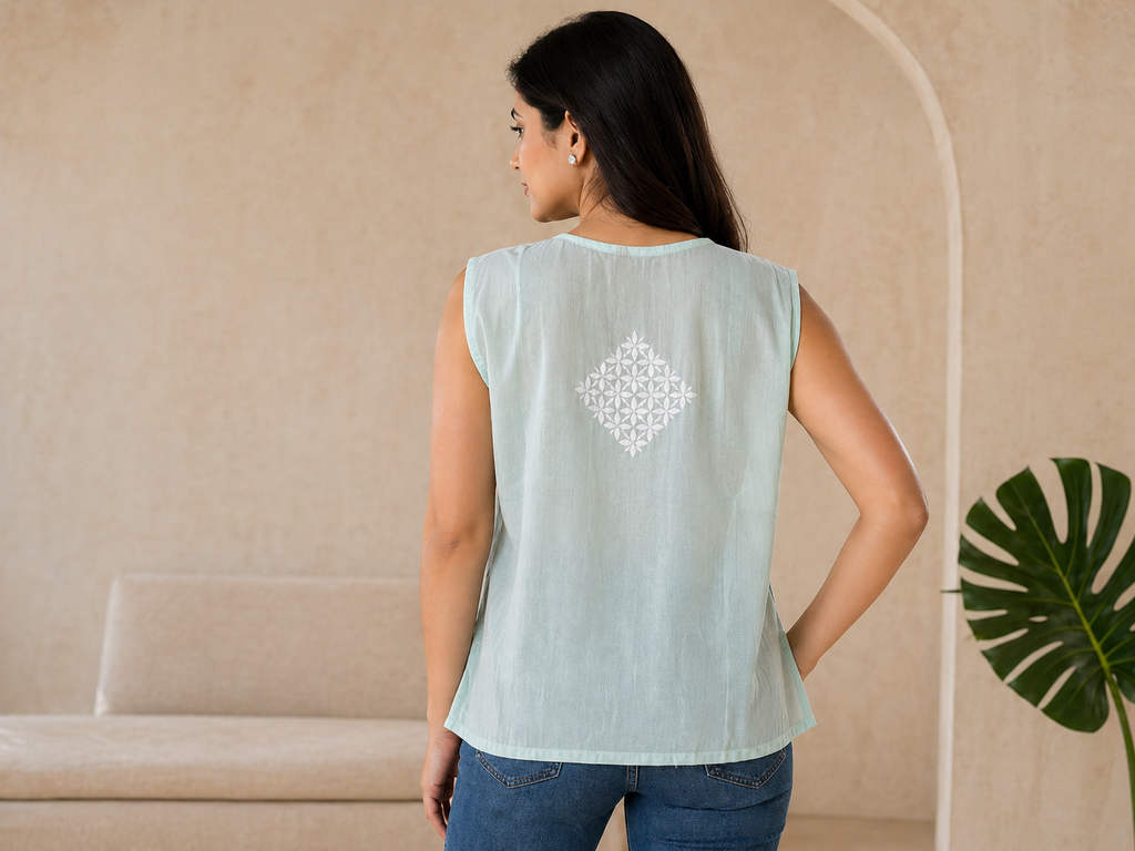 Green Chikankari Cambric Cotton Pleated Sleeveless Top