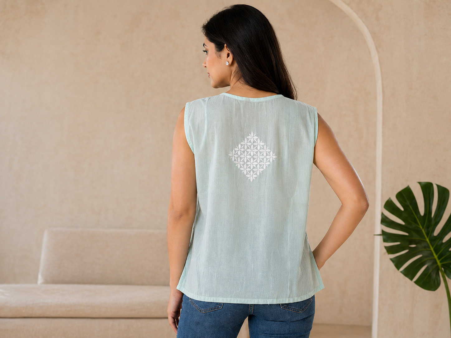 Green Chikankari Cambric Cotton Pleated Sleeveless Top
