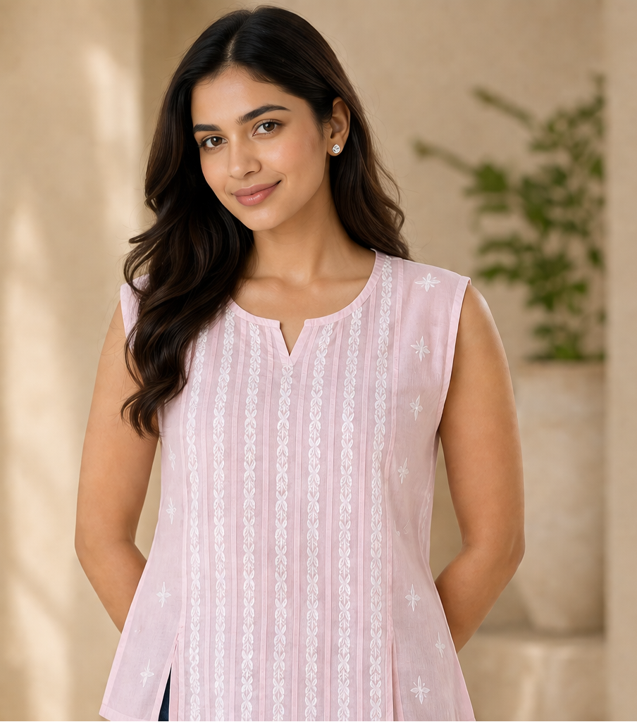 Pink Chikankari Cambric Cotton Pleated Sleeveless Top