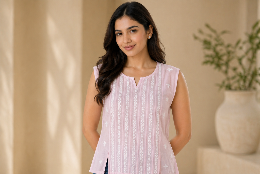 Pink Chikankari Cambric Cotton Pleated Sleeveless Top
