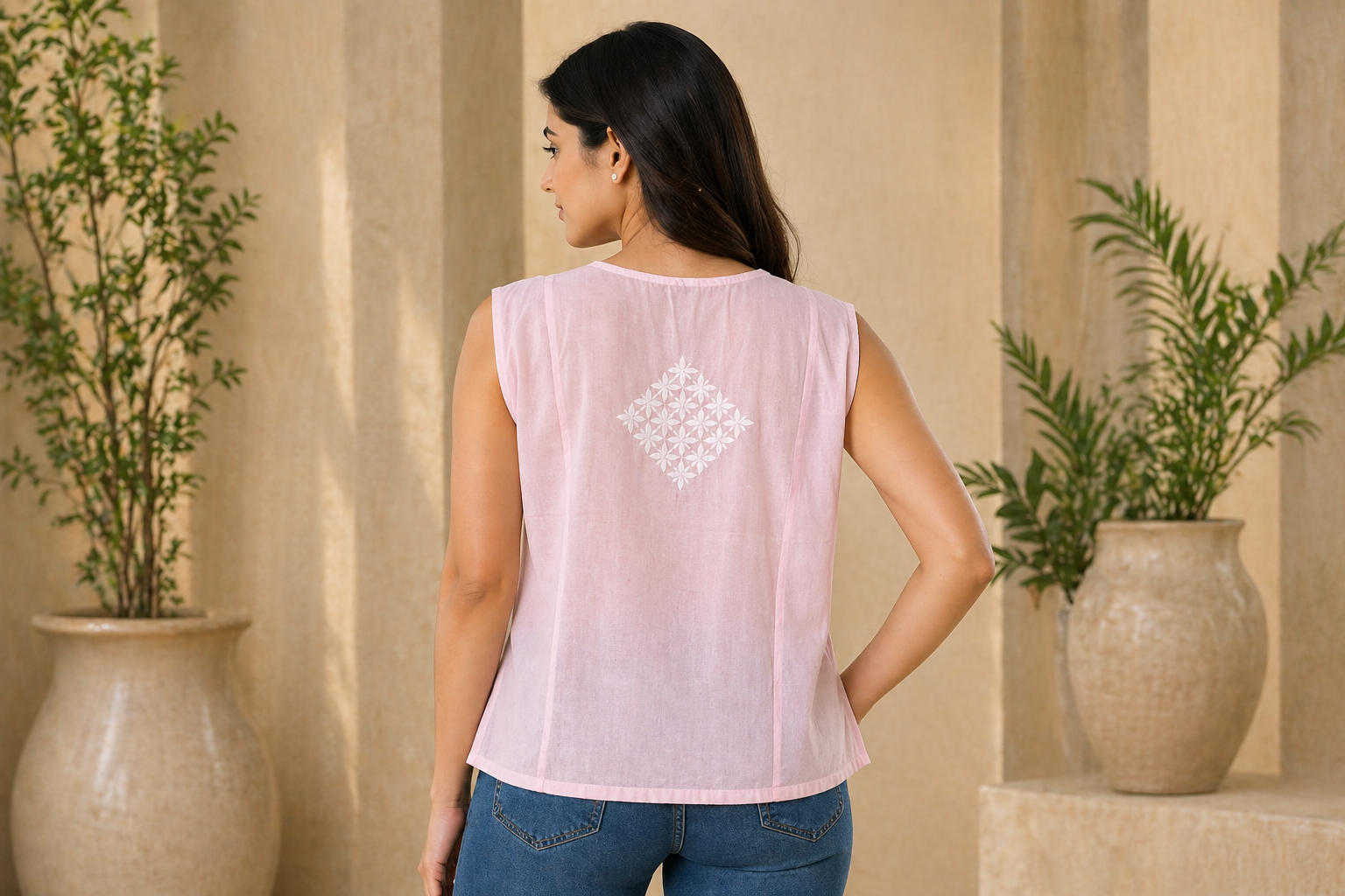 Pink Chikankari Cambric Cotton Pleated Sleeveless Top