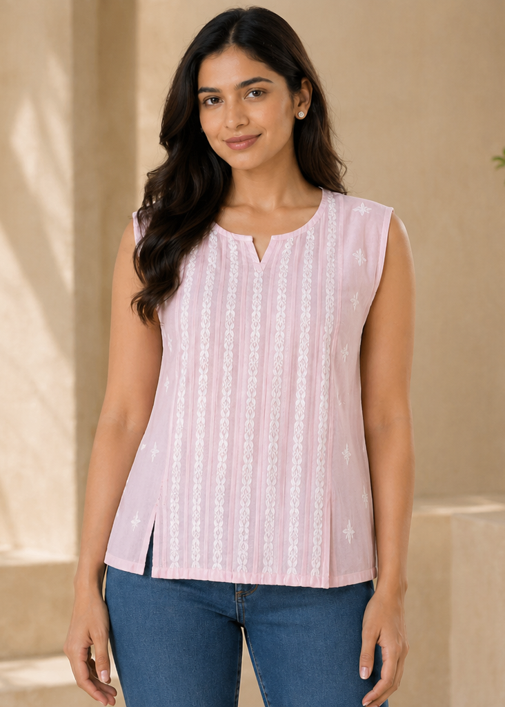 Pink Chikankari Cambric Cotton Pleated Sleeveless Top
