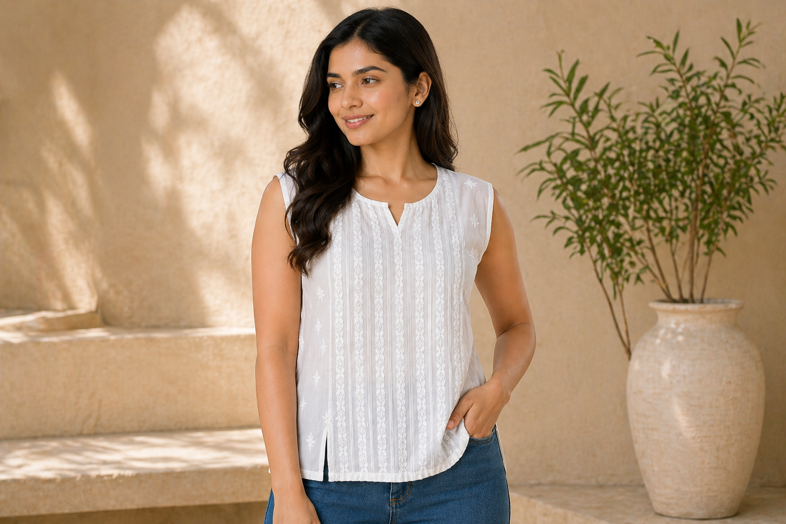 White Chikankari Cambric Cotton Pleated Sleeveless Top