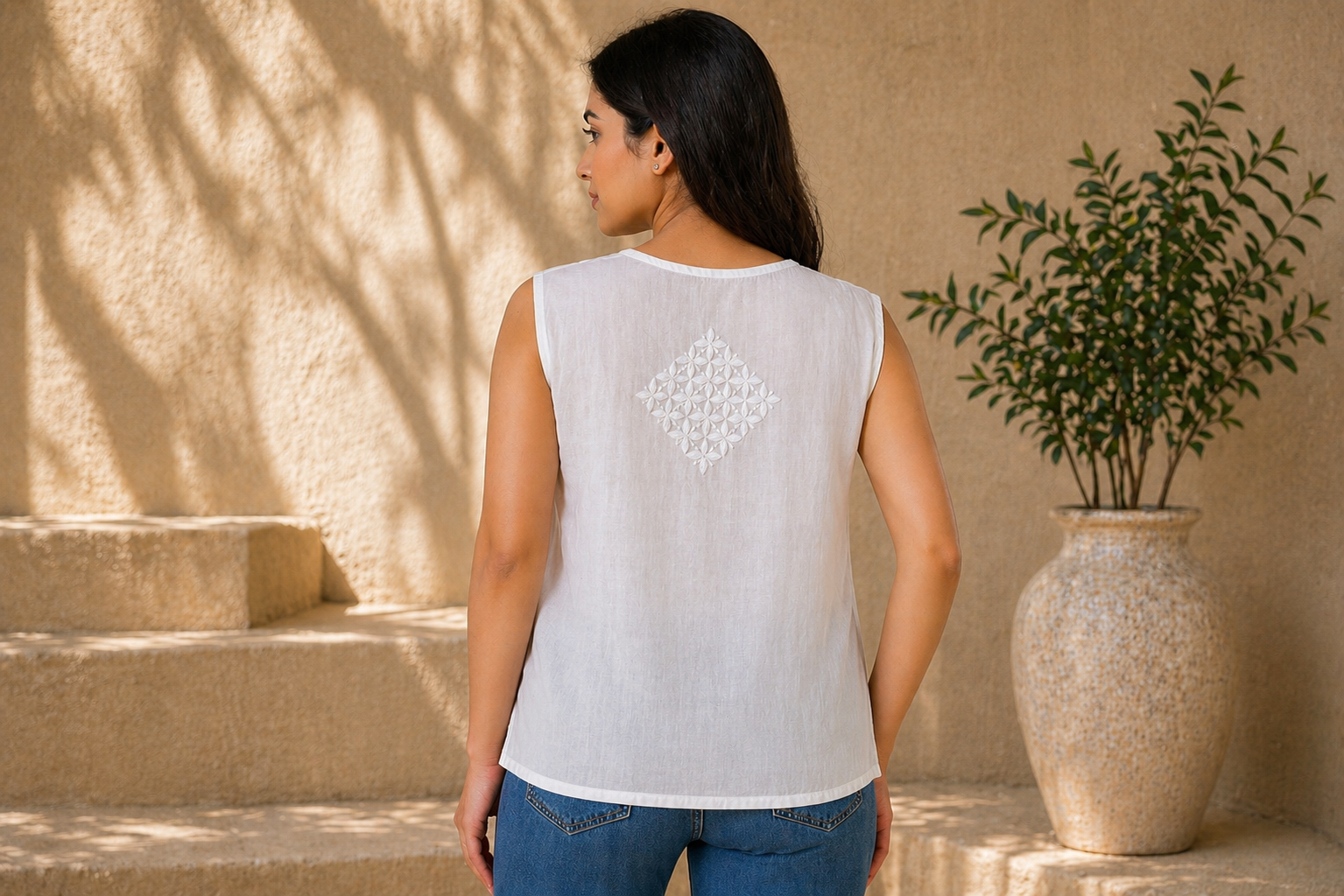 White Chikankari Cambric Cotton Pleated Sleeveless Top
