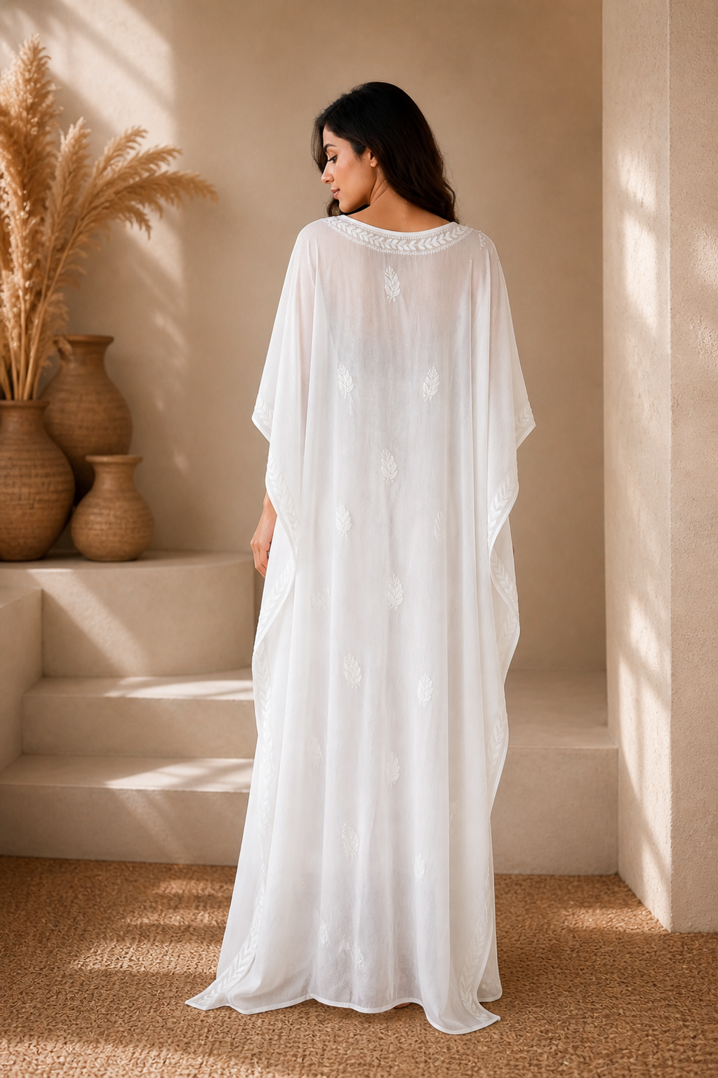 Chikankari White Cursh Rayon Kaftan