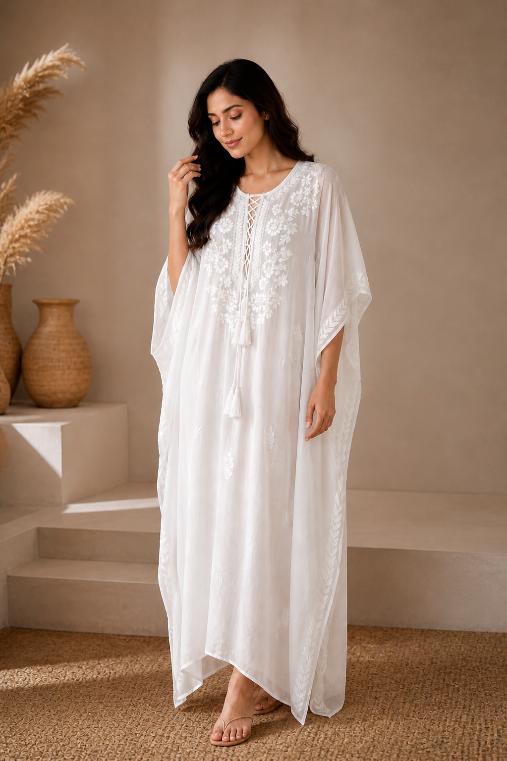 Chikankari White Cursh Rayon Kaftan