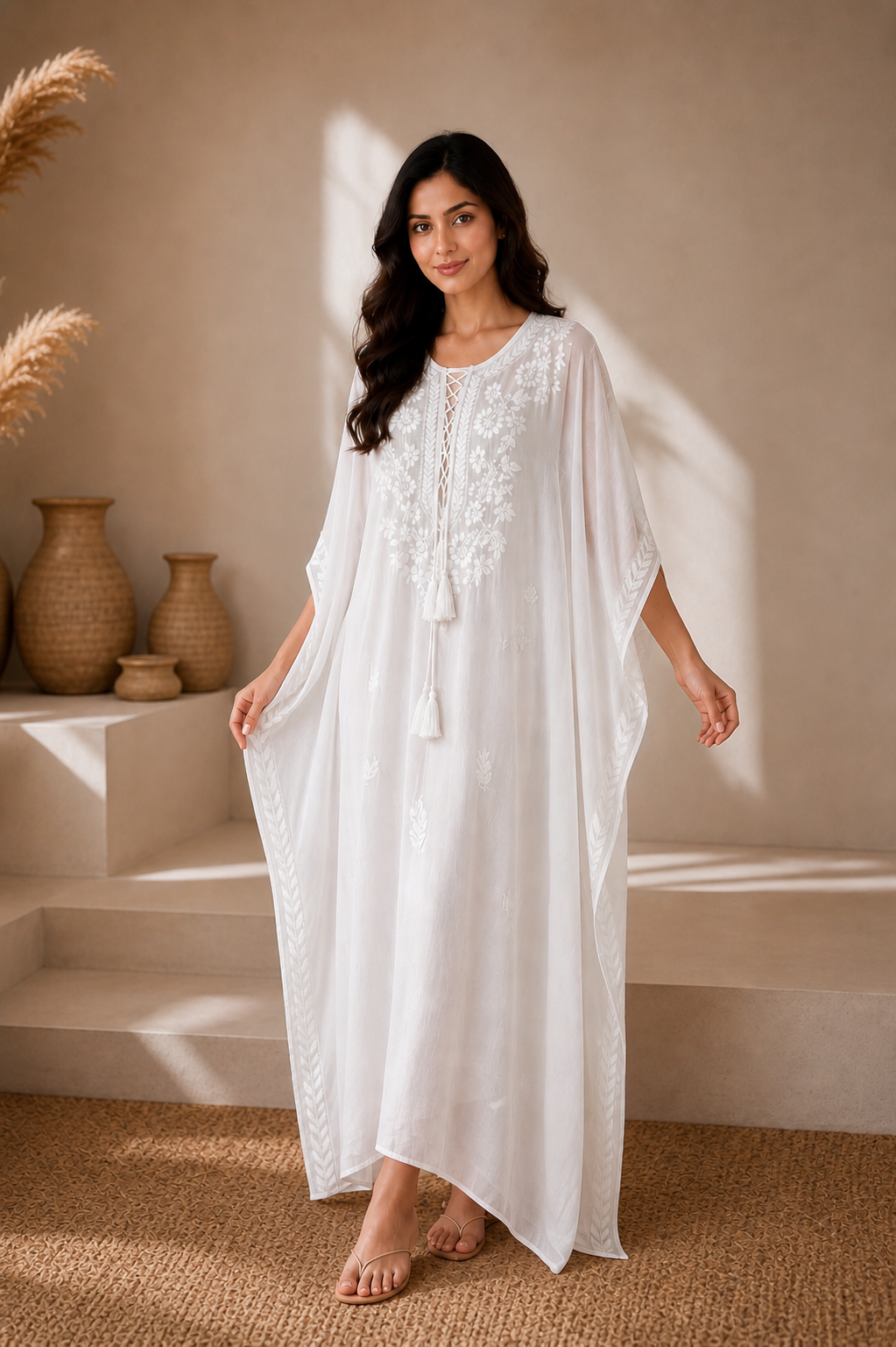 Chikankari White Cursh Rayon Kaftan