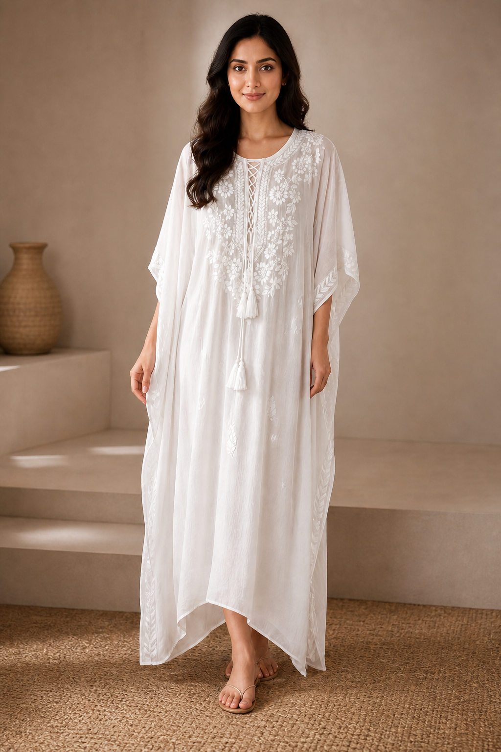 Chikankari White Cursh Rayon Kaftan