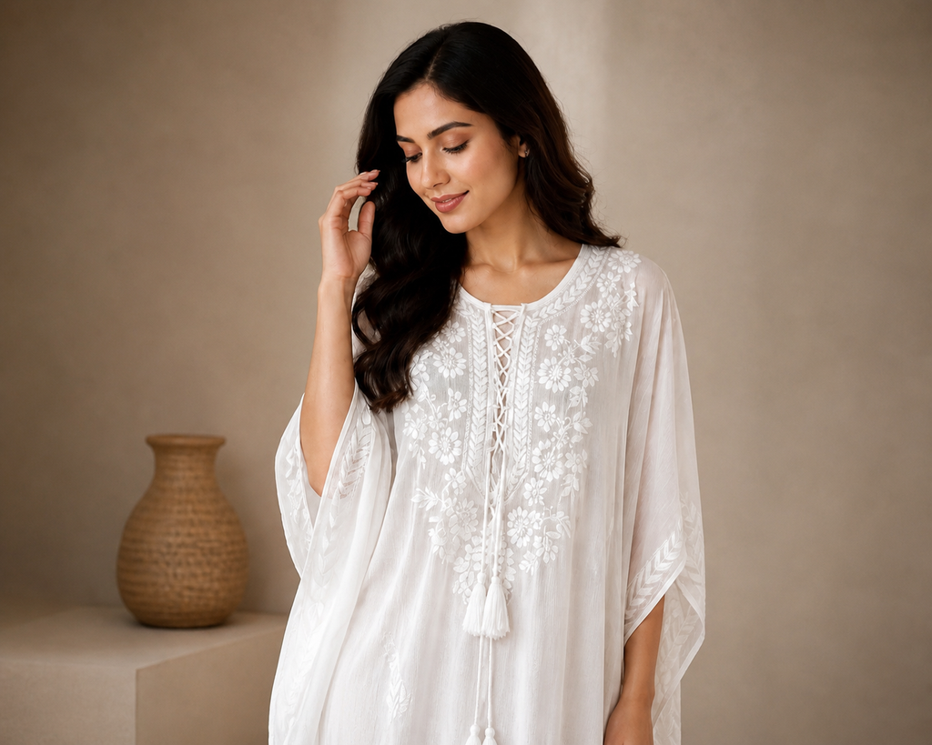 Chikankari White Cursh Rayon Kaftan