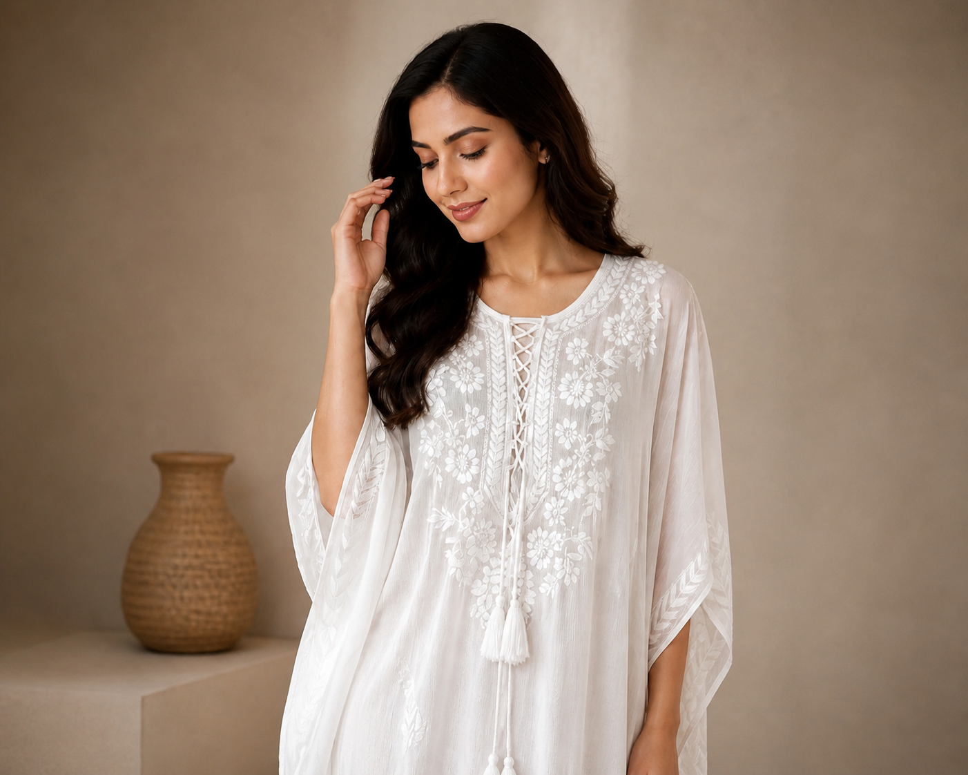 Chikankari White Cursh Rayon Kaftan