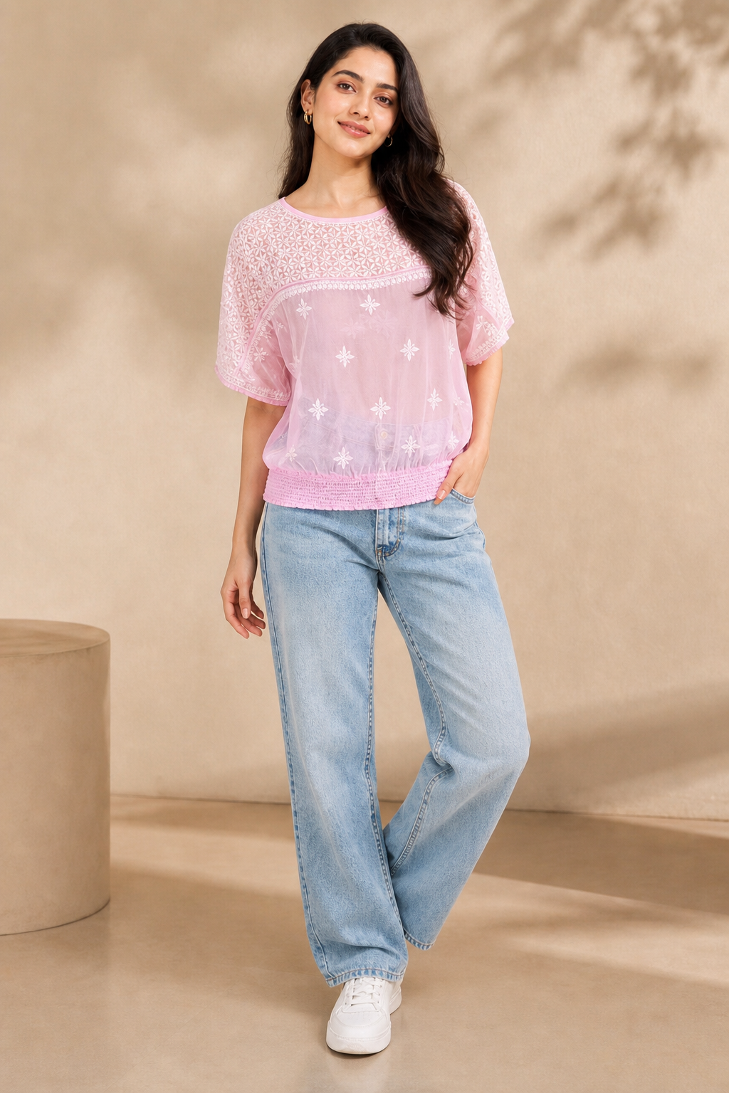 Aurelia Chikankari Smocked Pink Top