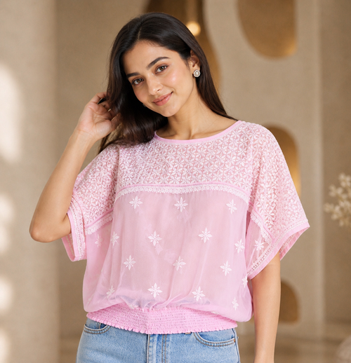 Aurelia Chikankari Smocked Pink Top