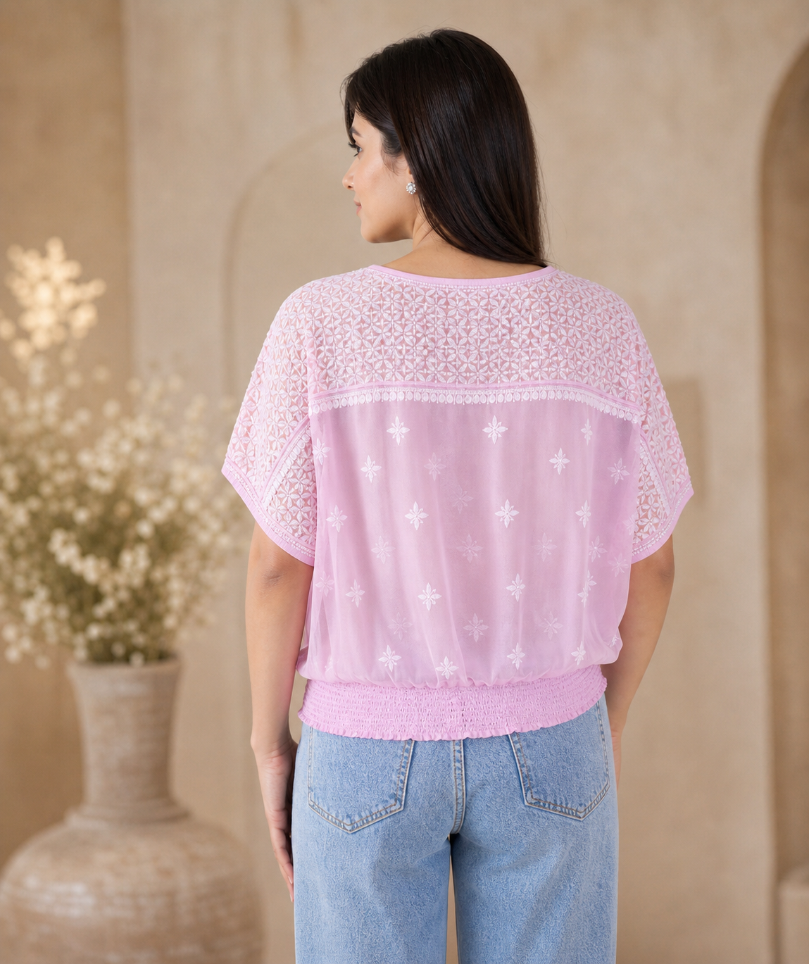 Aurelia Chikankari Smocked Pink Top
