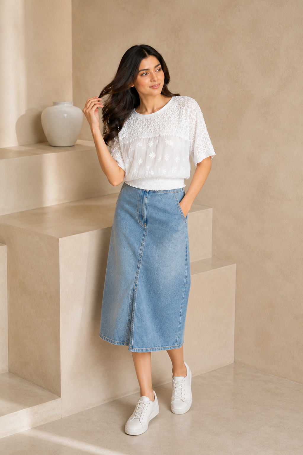 Aurelia Chikankari Smocked White Top