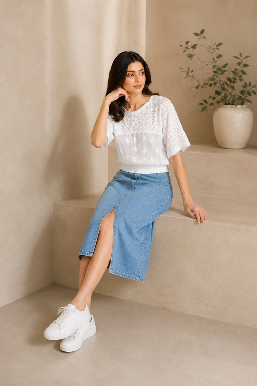 Aurelia Chikankari Smocked White Top