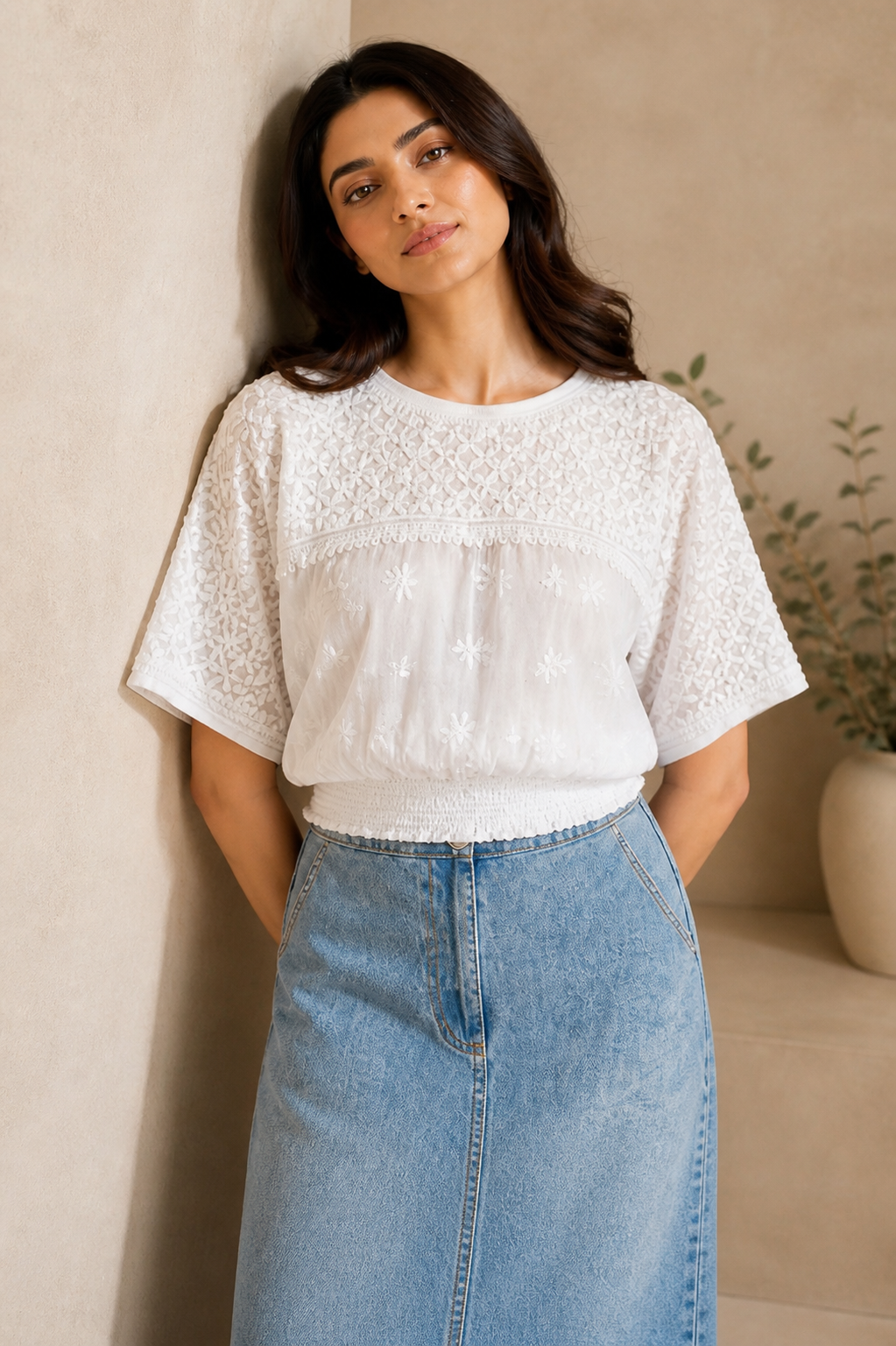 Aurelia Chikankari Smocked White Top