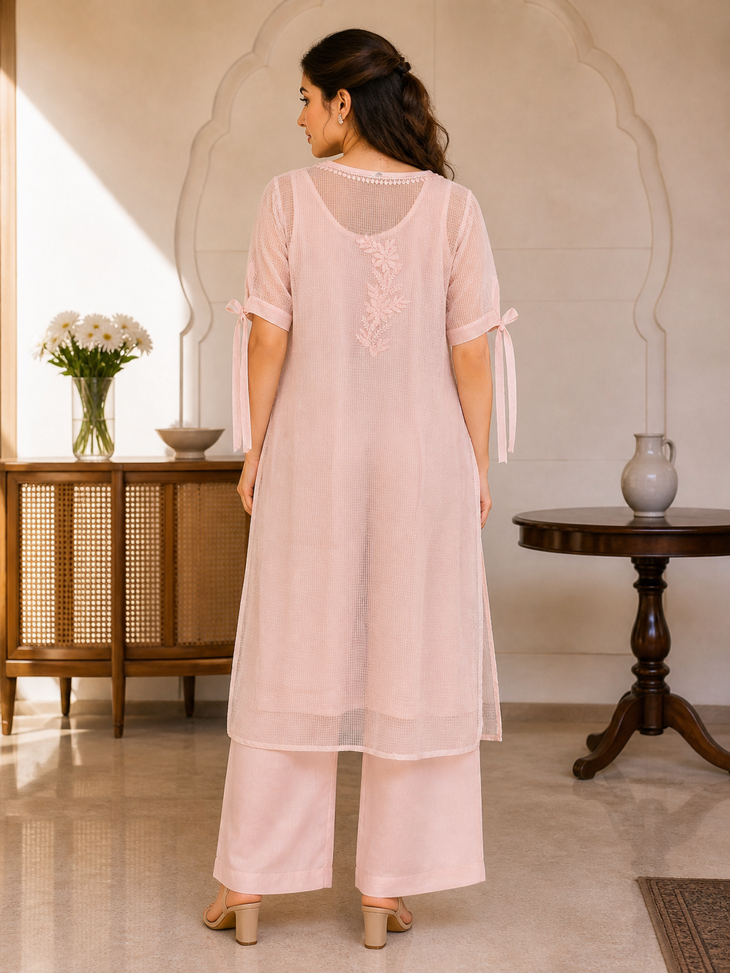 Kota Tie Sleeve Pink Chikankari Kurti