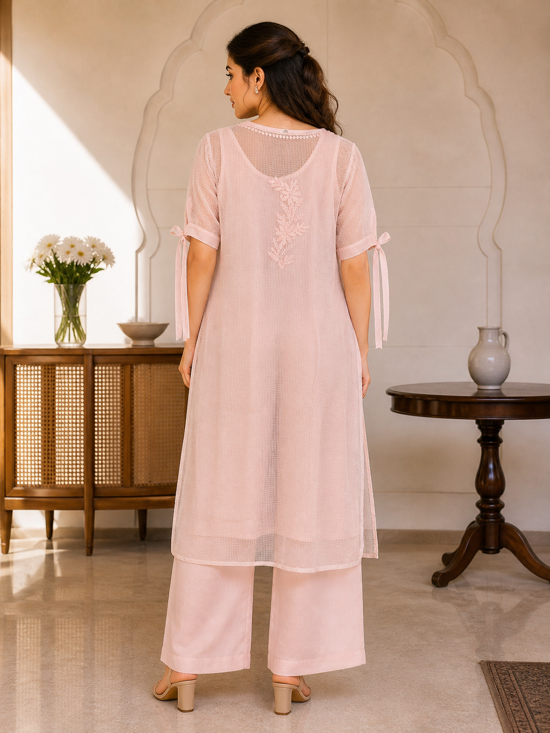 Kota Tie Sleeve Pink Chikankari Kurti