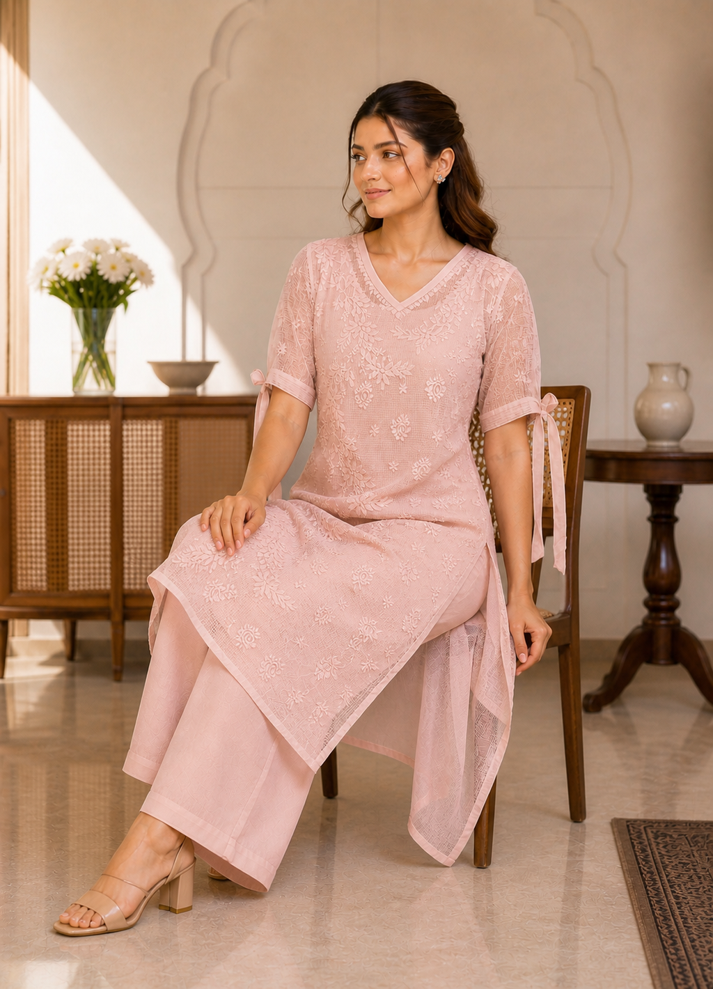 Kota Tie Sleeve Pink Chikankari Kurti