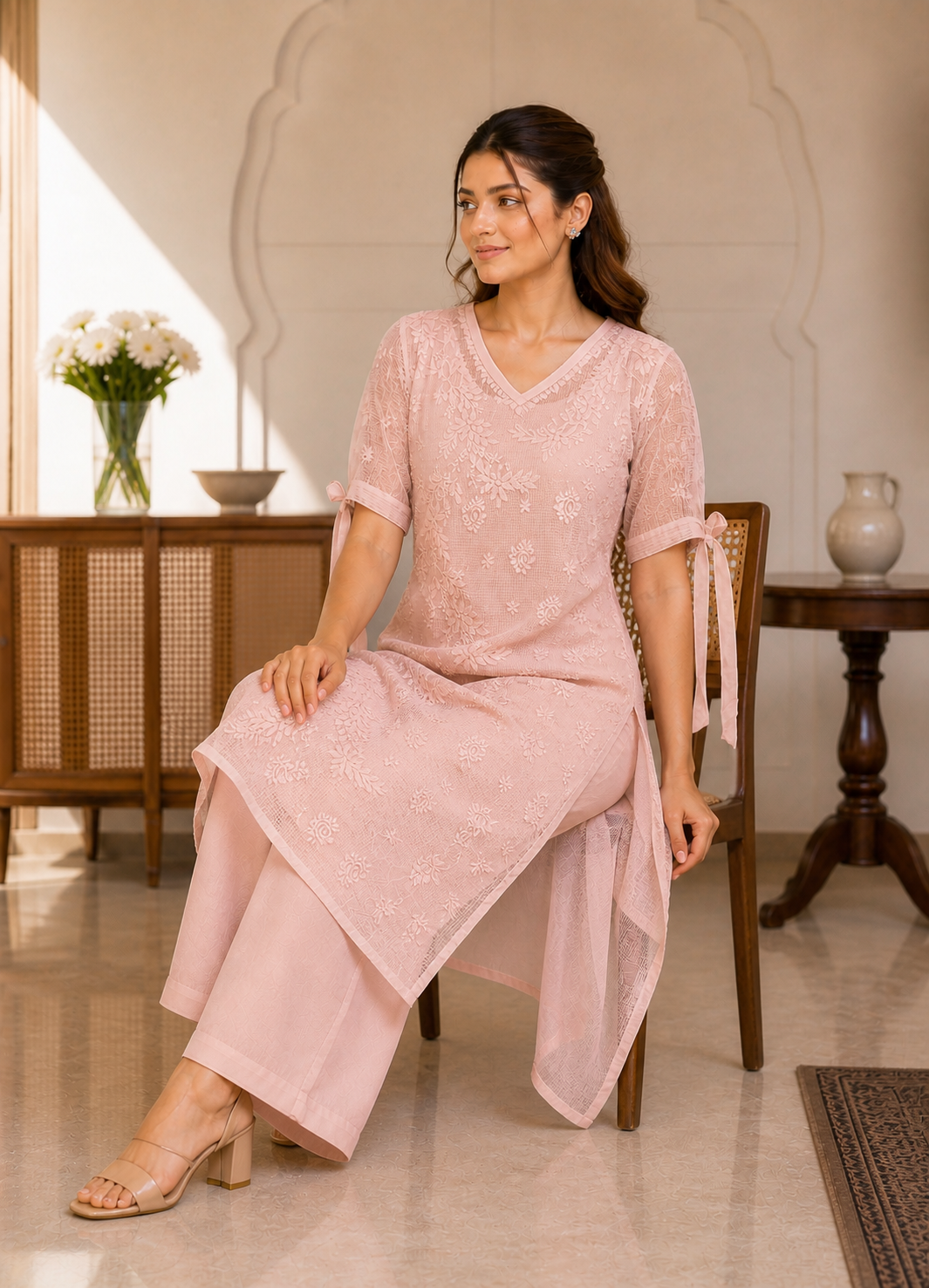 Kota Tie Sleeve Pink Chikankari Kurti
