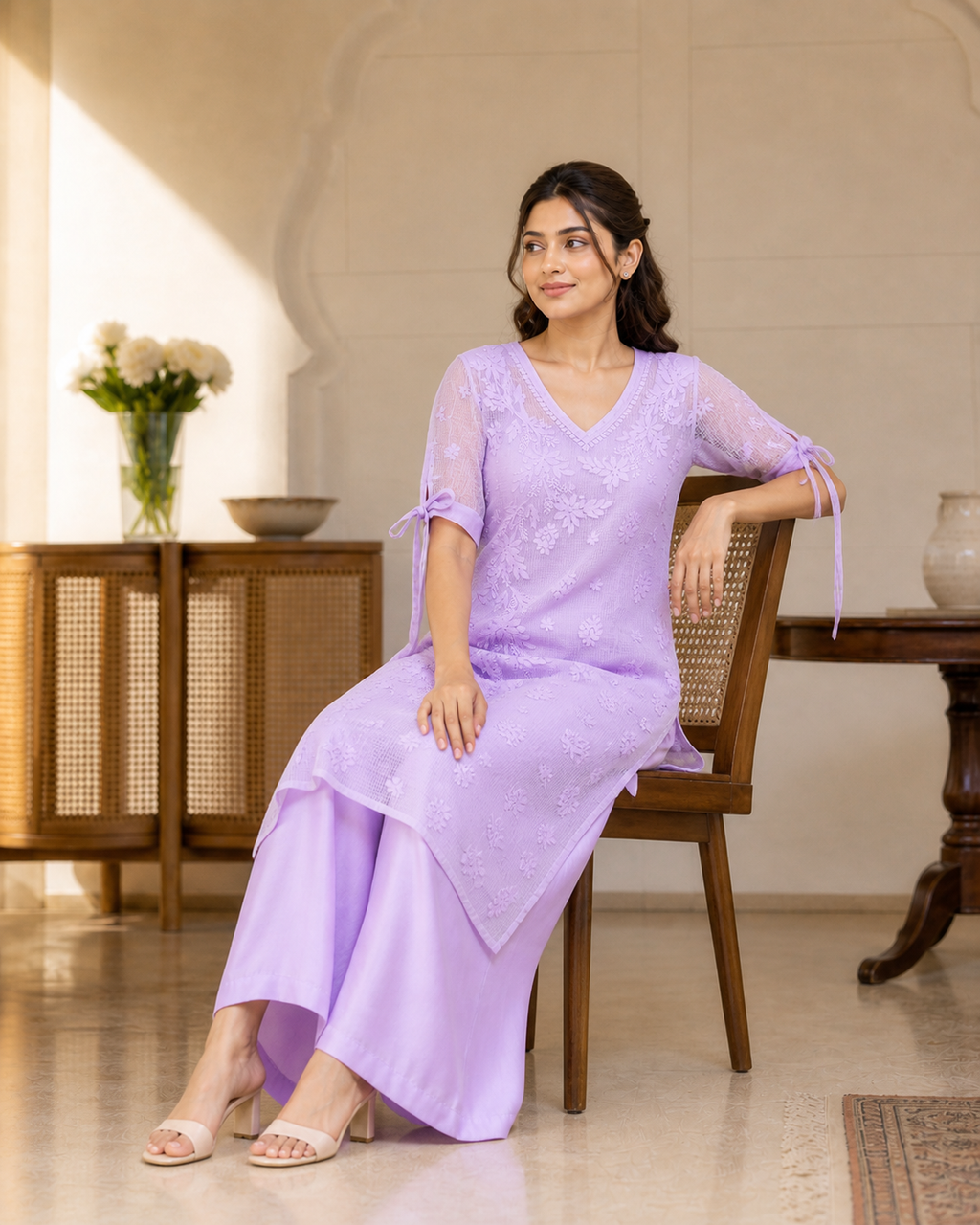 Kota Tie Sleeve Purple Chikankari Kurti
