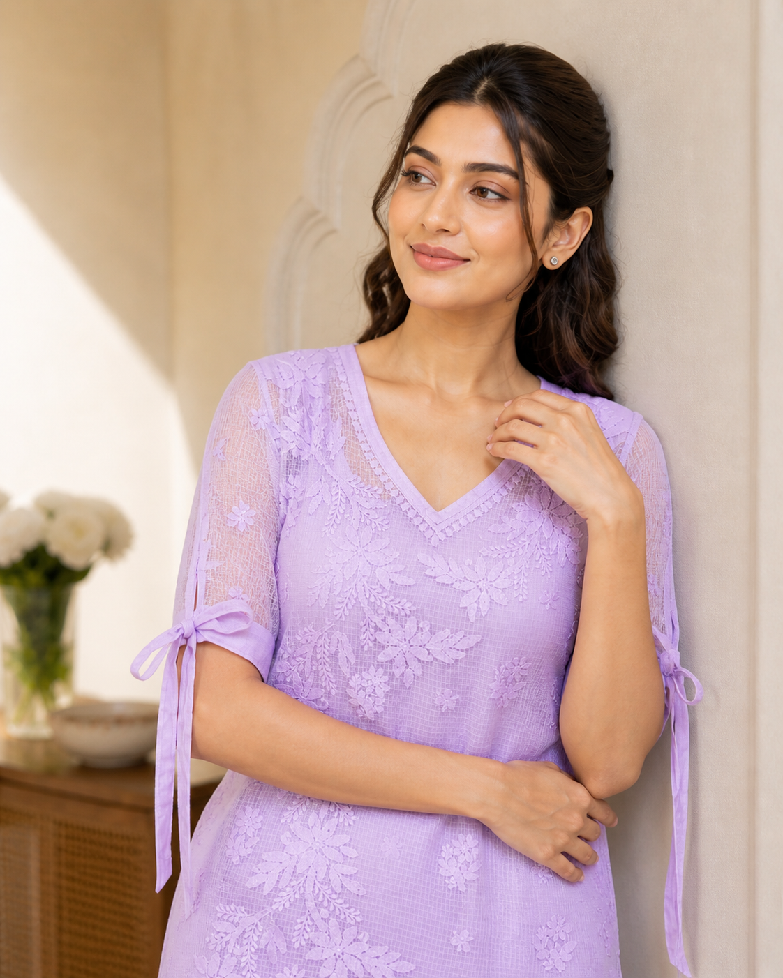 Kota Tie Sleeve Purple Chikankari Kurti