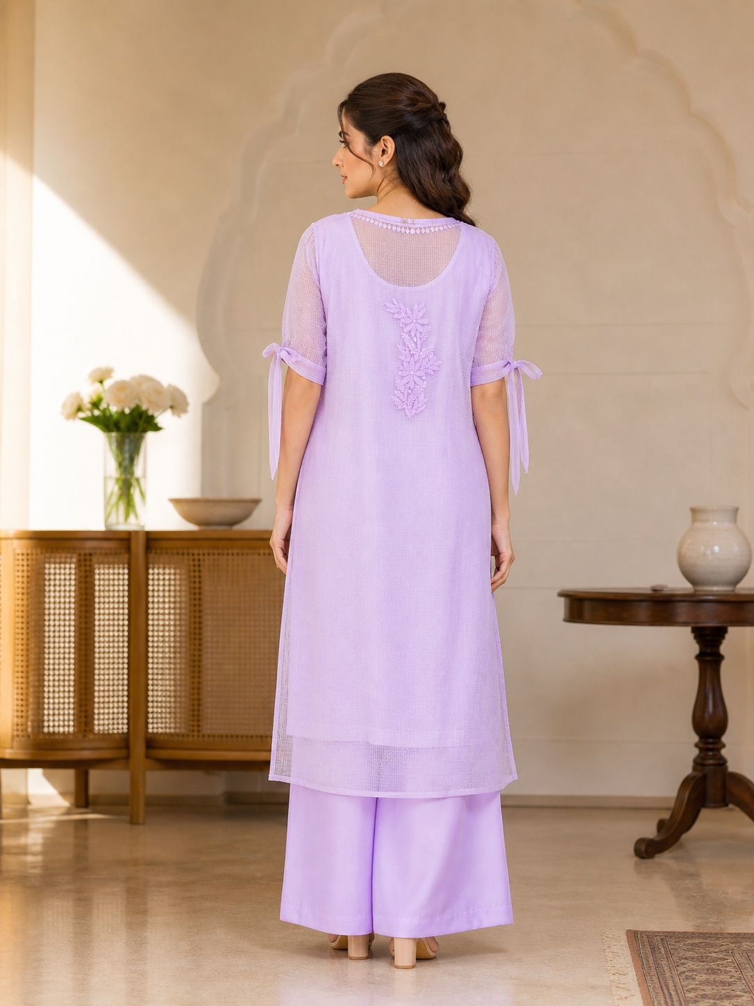 Kota Tie Sleeve Purple Chikankari Kurti