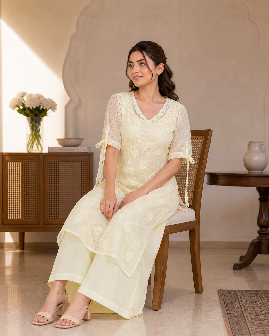 Kota Tie Sleeve Yellow Chikankari Kurti