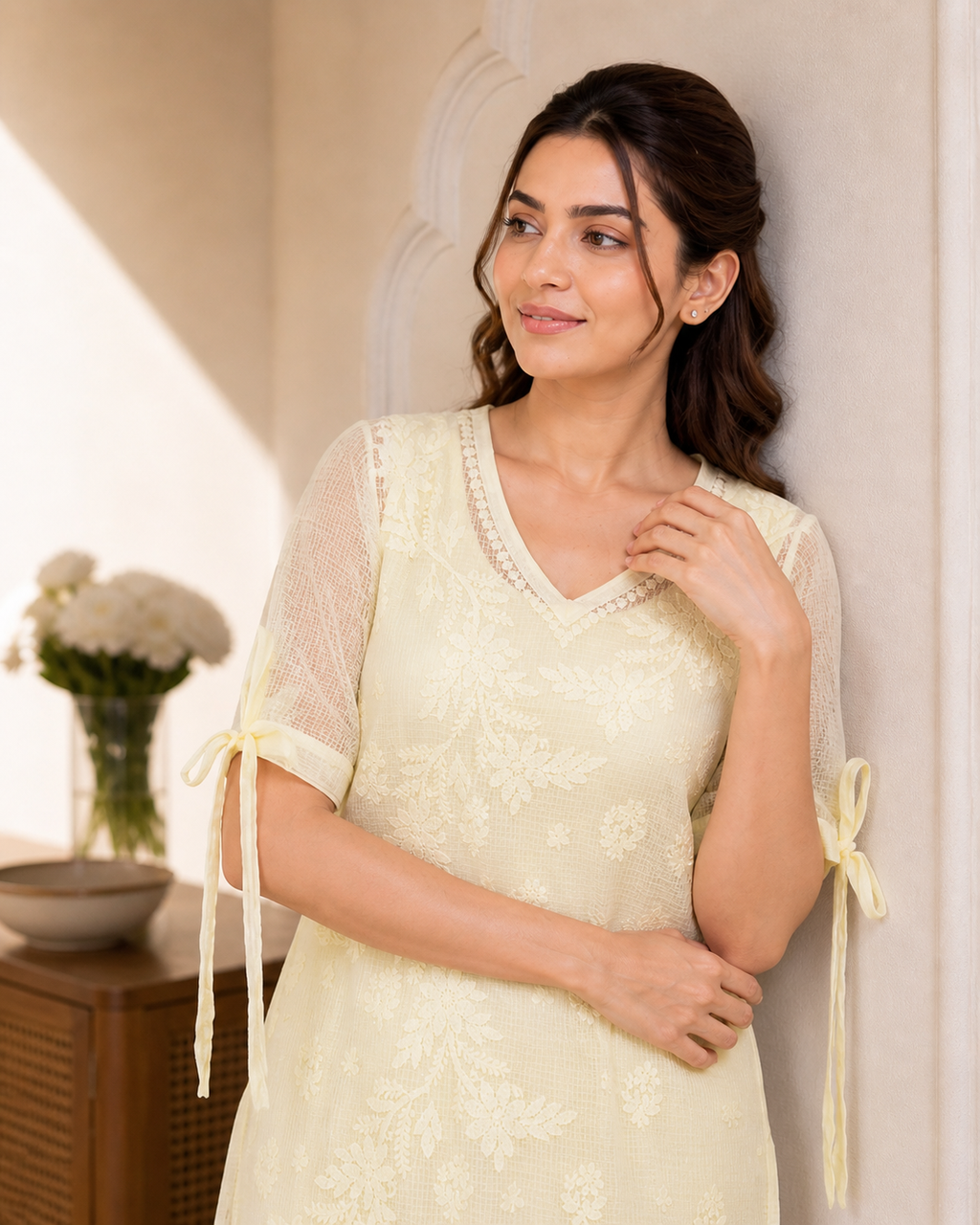 Kota Tie Sleeve Yellow Chikankari Kurti