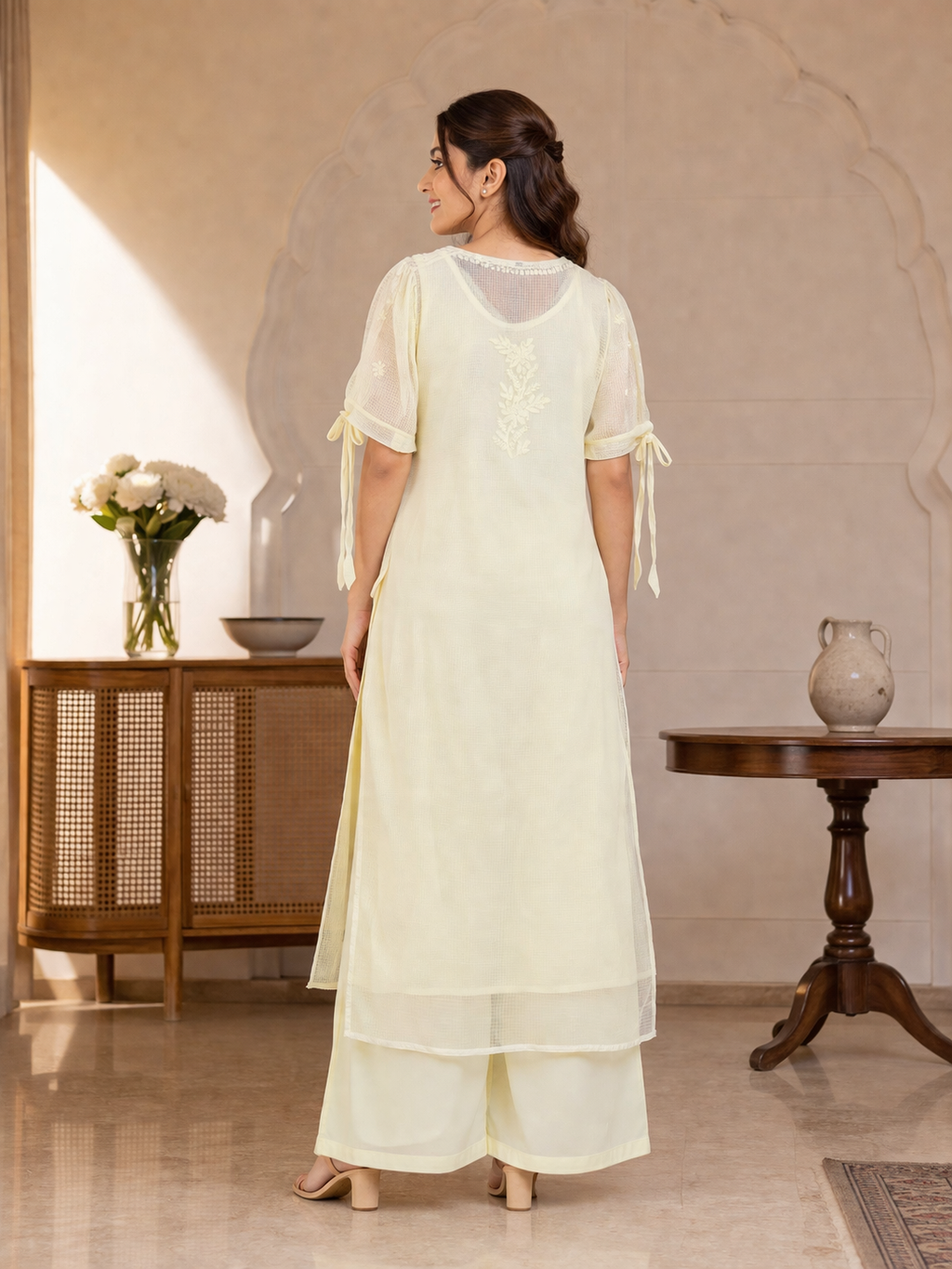 Kota Tie Sleeve Yellow Chikankari Kurti