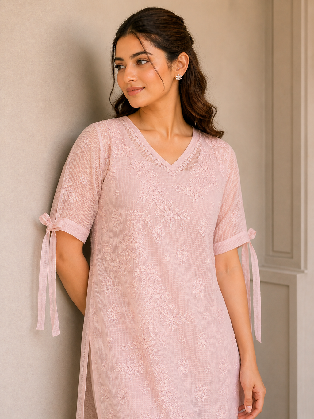 Kota Tie Sleeve Pink Chikankari Kurti