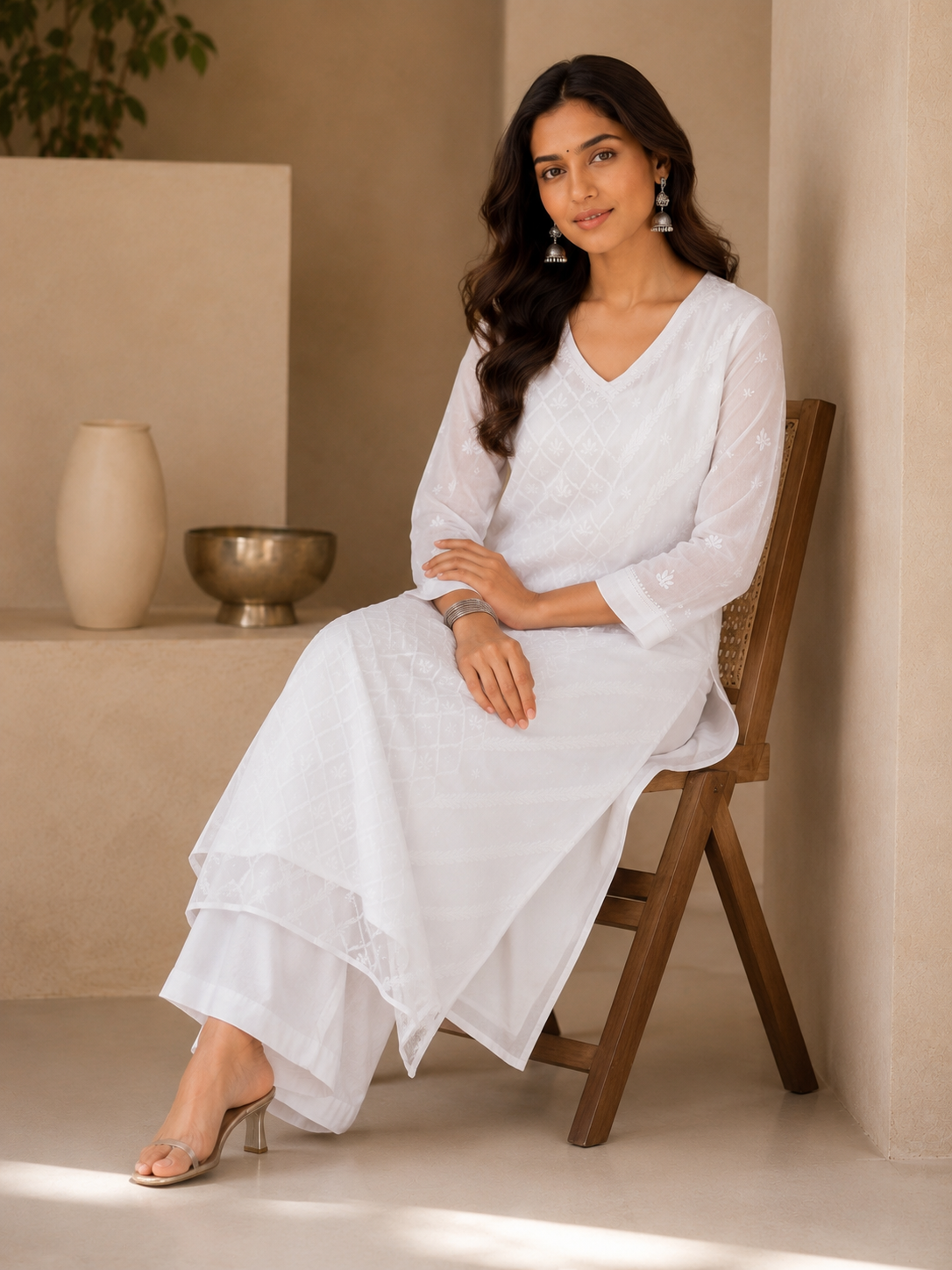 Noor Mul V-Neck White Kurta