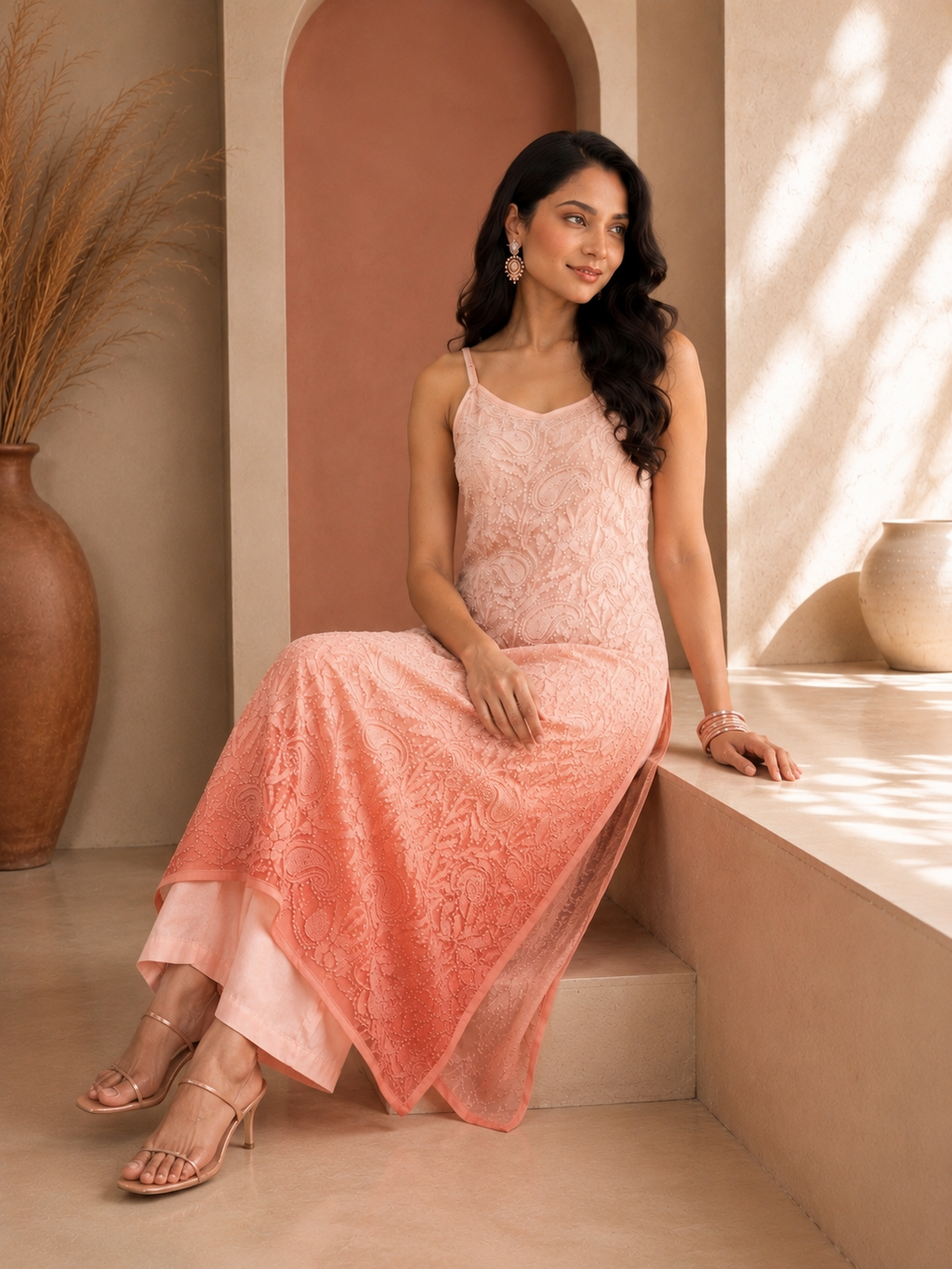Roséa Ombre Georgette Orange Kurta
