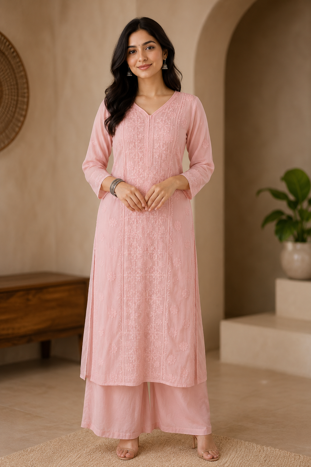 Pink Chikankari Modal Kurta