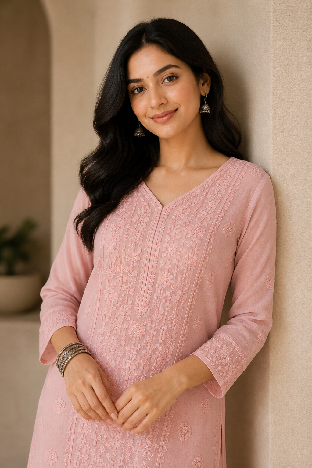 Pink Chikankari Modal Kurta