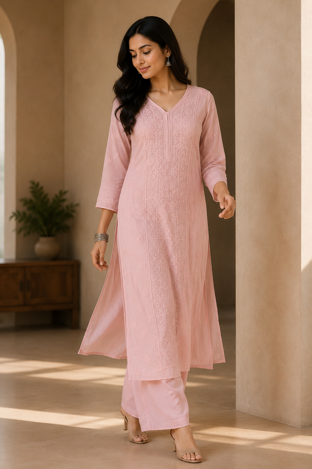Pink Chikankari Modal Kurta