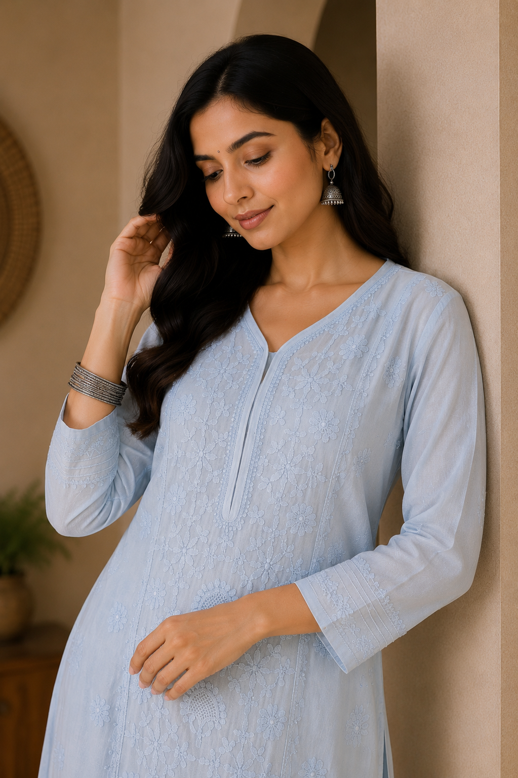 Sky Blue Chikankari Modal Kurta