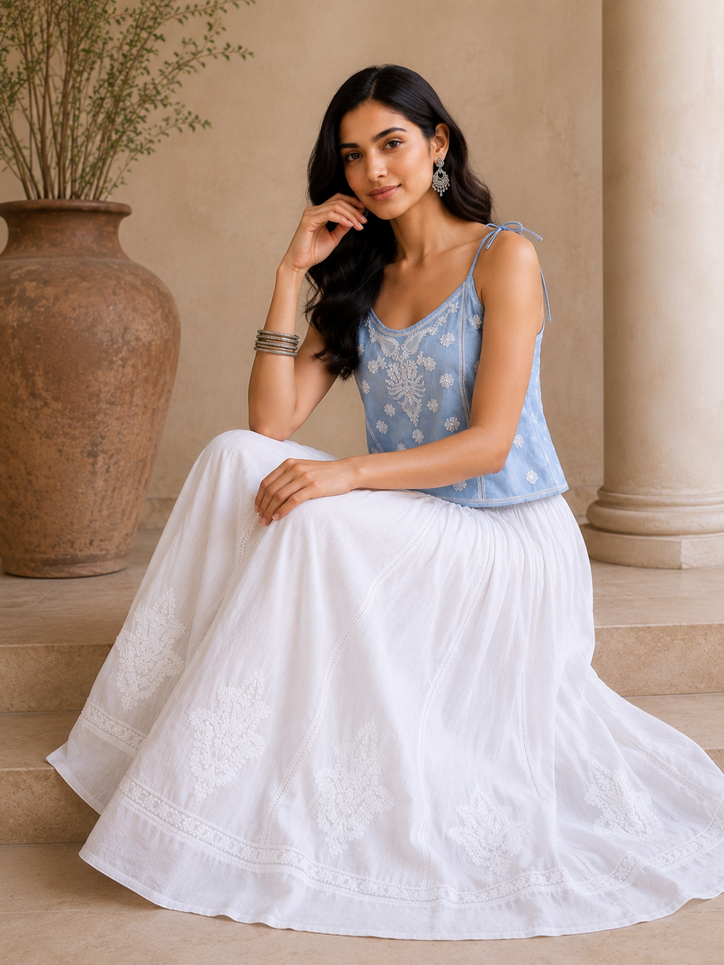 Cambric Chikankari Full Length Skirt